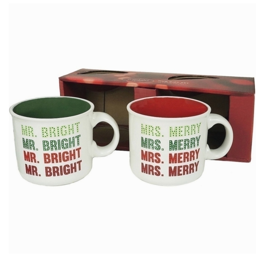 NIB St Nicholas Square Holiday Christmas Mr Bright Mrs Merry Mug Gift Set 14 Oz